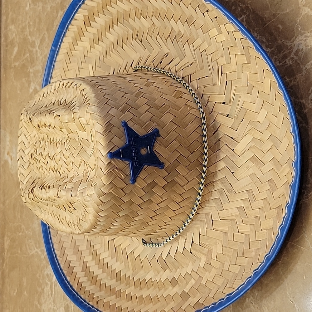 Child's Straw Cowboy Hat w/ Blue Trim & Sheriff's Star